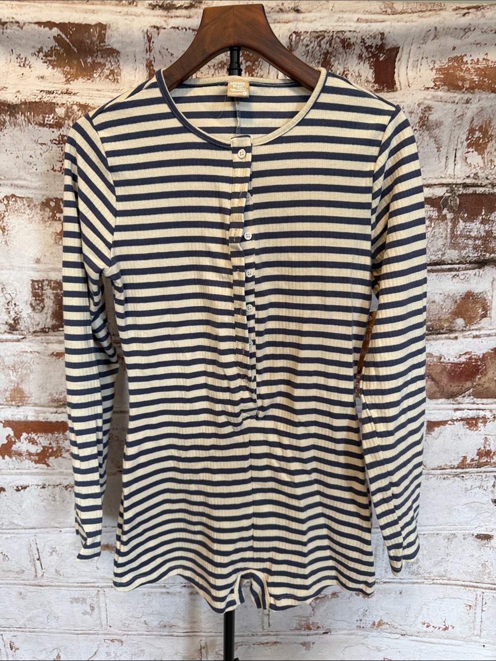 Striped Long-Sleeve Henley Romper in Navy and Cream